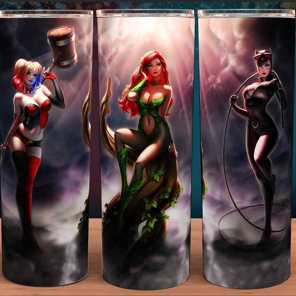 Harley Quinn with Poison Ivy and Catwoman Comic Villain Cup Mug Tumbler 20oz